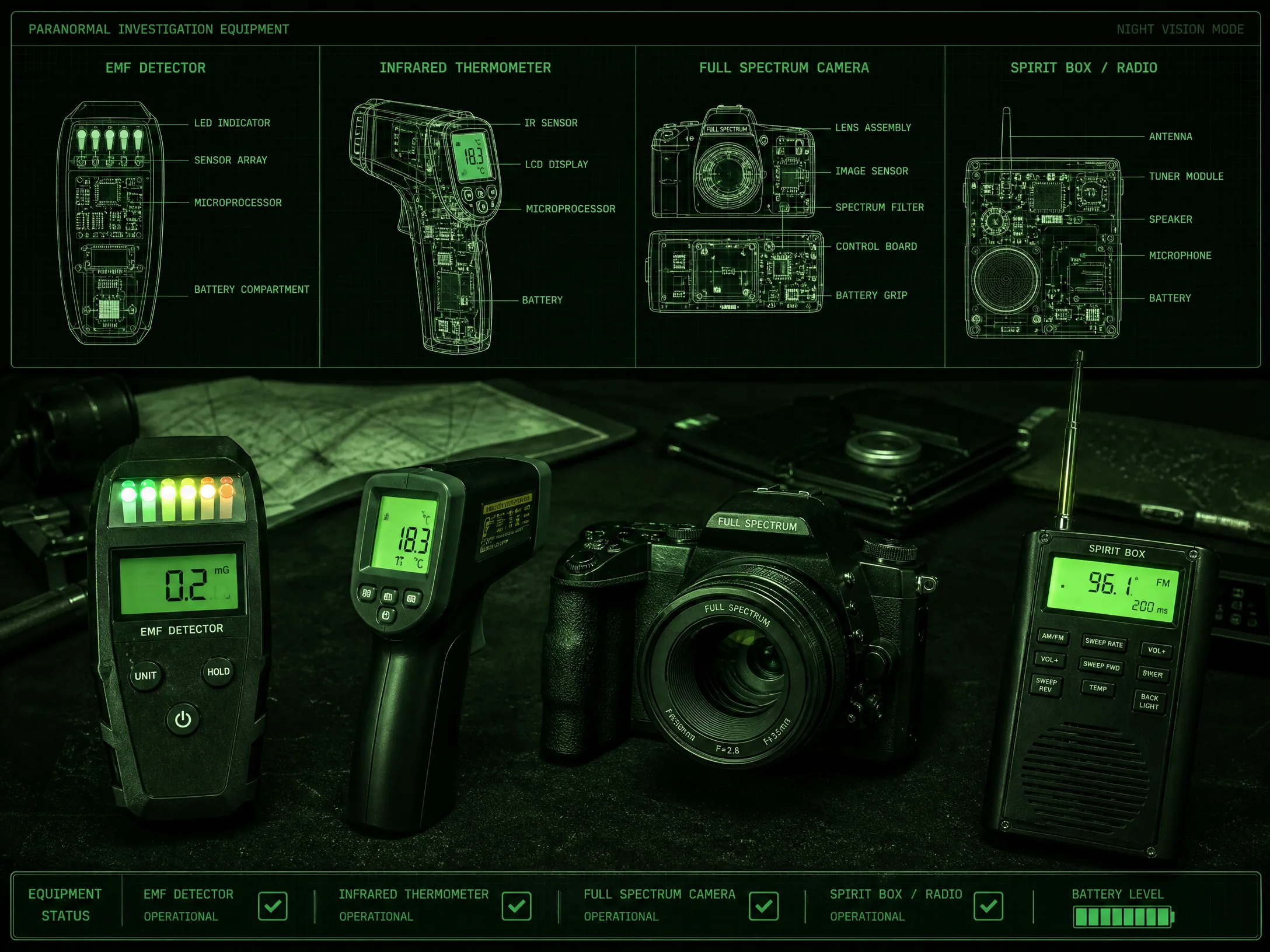 超自然调查专业装备解剖图展​示EMF探测器红外测温仪全光谱相机灵盒